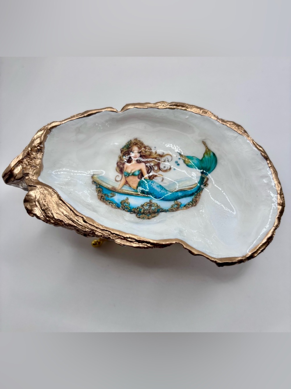 Hand-Painted Mermaid Oyster Shell Dish — Teal and Gold Accent